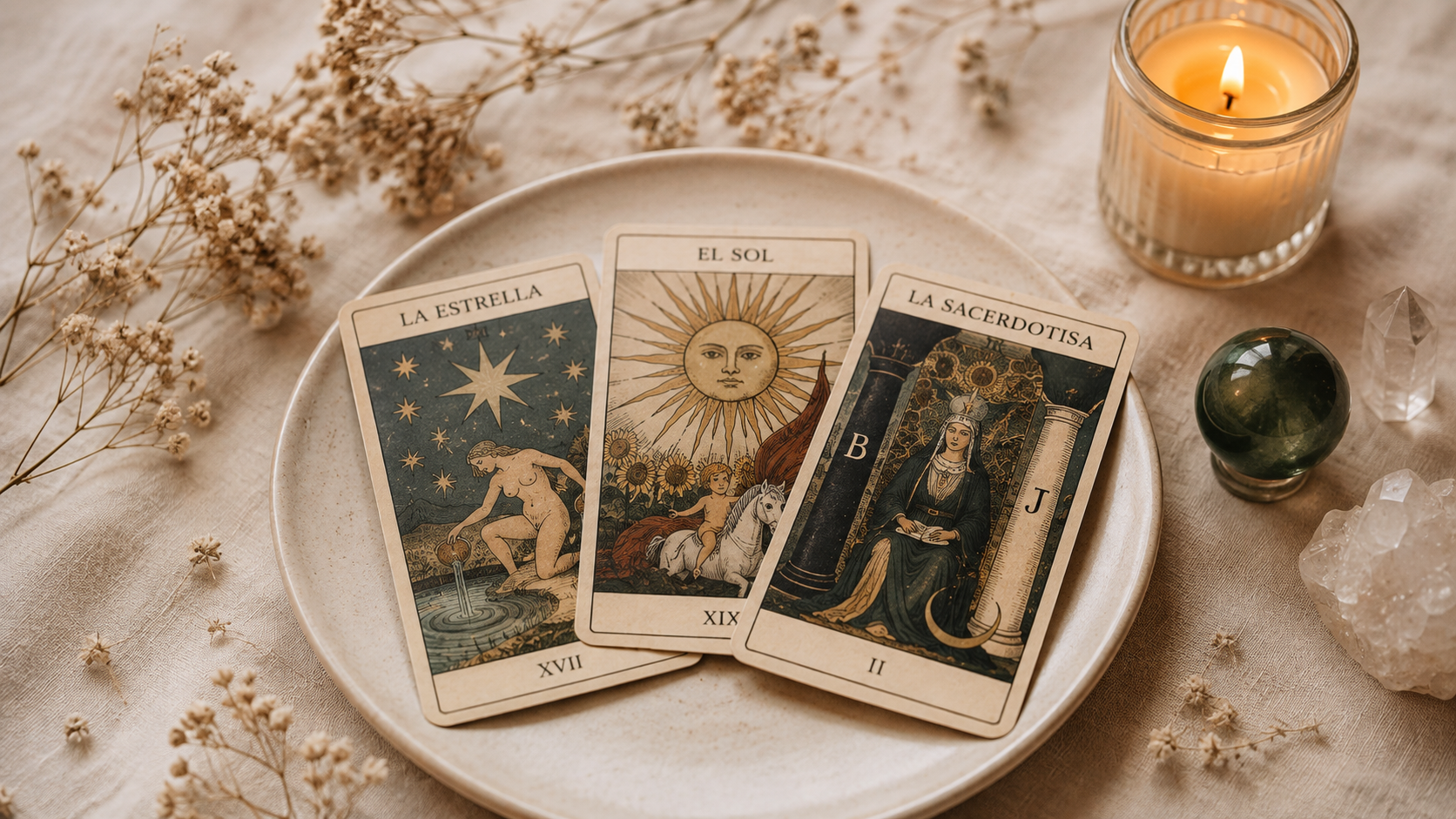 Cartas de tarot sobre bandeja de cerámica con vela encendida