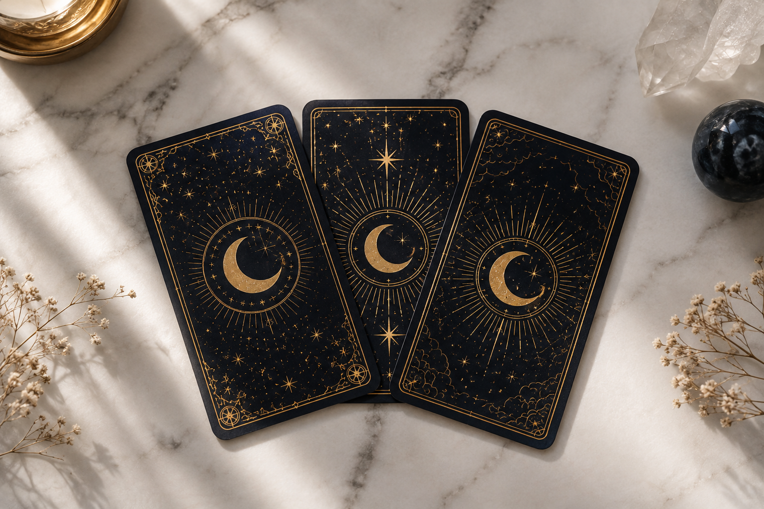 Tres cartas de tarot sobre mármol